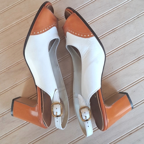 Marcia Hill Vintage Retro 60s 70s Two Tone Open Toe Sling Back Short Heels - Picture 1 of 8
